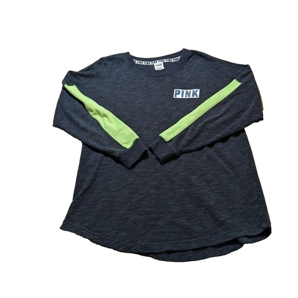 Victoria's Secret PINK Sweatshirt Women Medium Gray w Green Mesh Logo Graphic - Picture 1 of 9